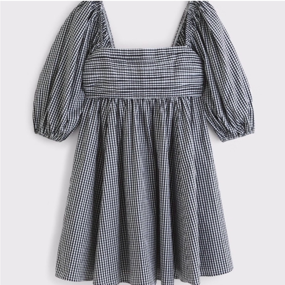 Abercrombie & Fitch Gingham Puff Sleeve Square Neck Mini Dress - Black & White